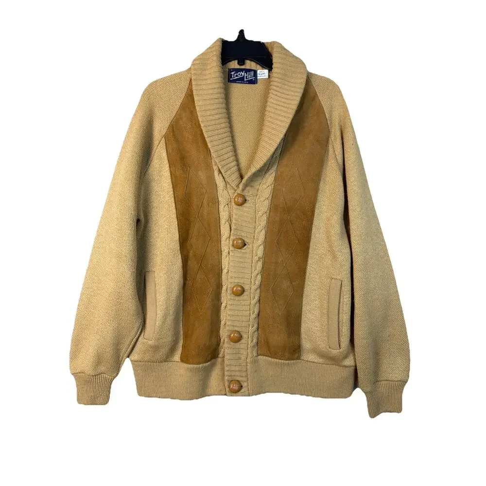 Vtg Troy Hill Cardigan Men's L Tan Grandpa Leather‎ Western Sweater Shawl USA